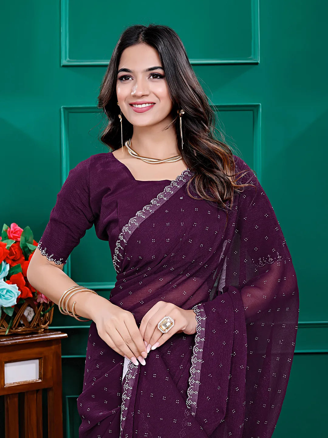 Chiffon Siroski Diamond Lace Work Saree