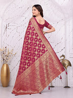 Banarasi Ready-to-Wear Saree with Traditional Woven Zari Motifs and Decorative Pallu.