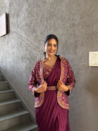 Heavy Chinon Jacket Saree With Blouse and Cording Embroidered Work