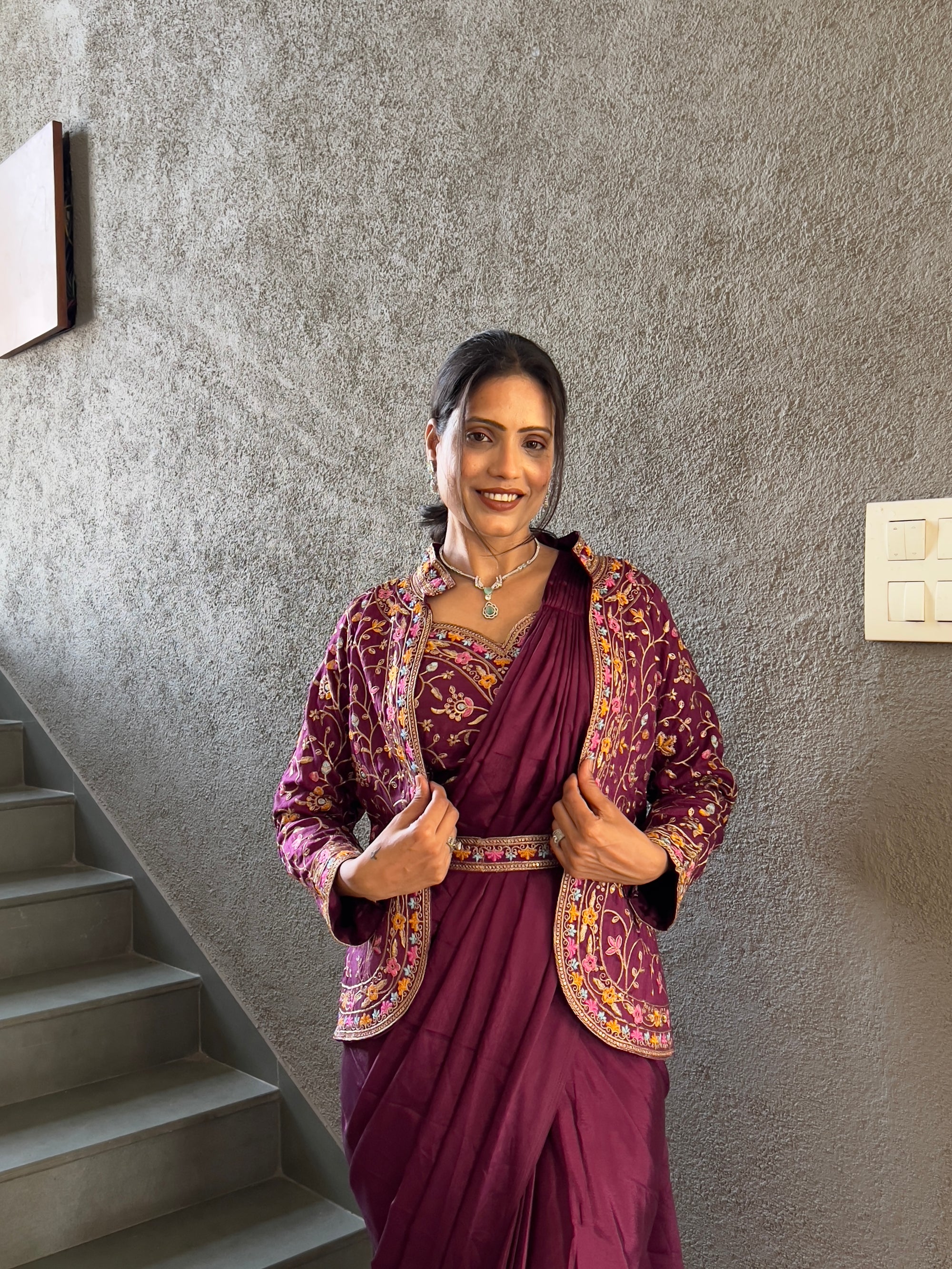 Heavy Chinon Jacket Saree With Blouse and Cording Embroidered Work