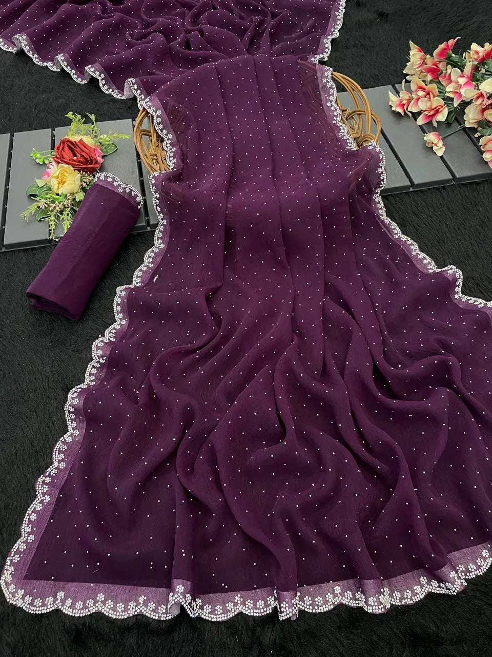 Chiffon  Siroski Diamond Lace Work Saree