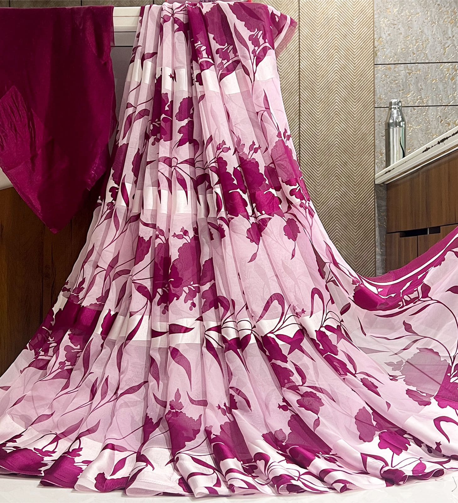 Floral Print Satin Patta Georgette Saree