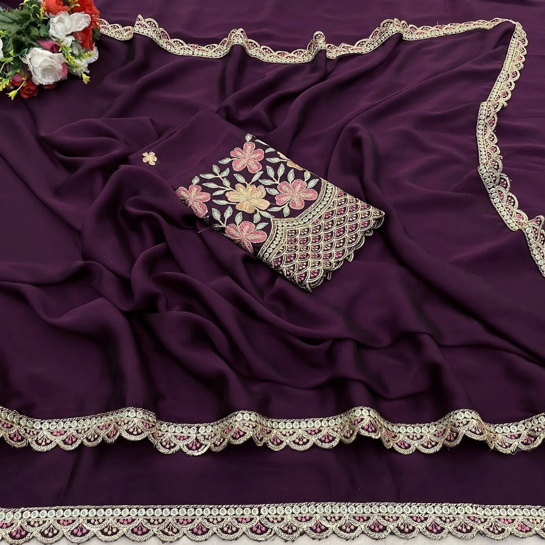 Chinon Saree with Decorative Embroidered Border And Blouse