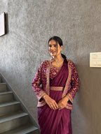 Heavy Chinon Jacket Saree With Blouse and Cording Embroidered Work