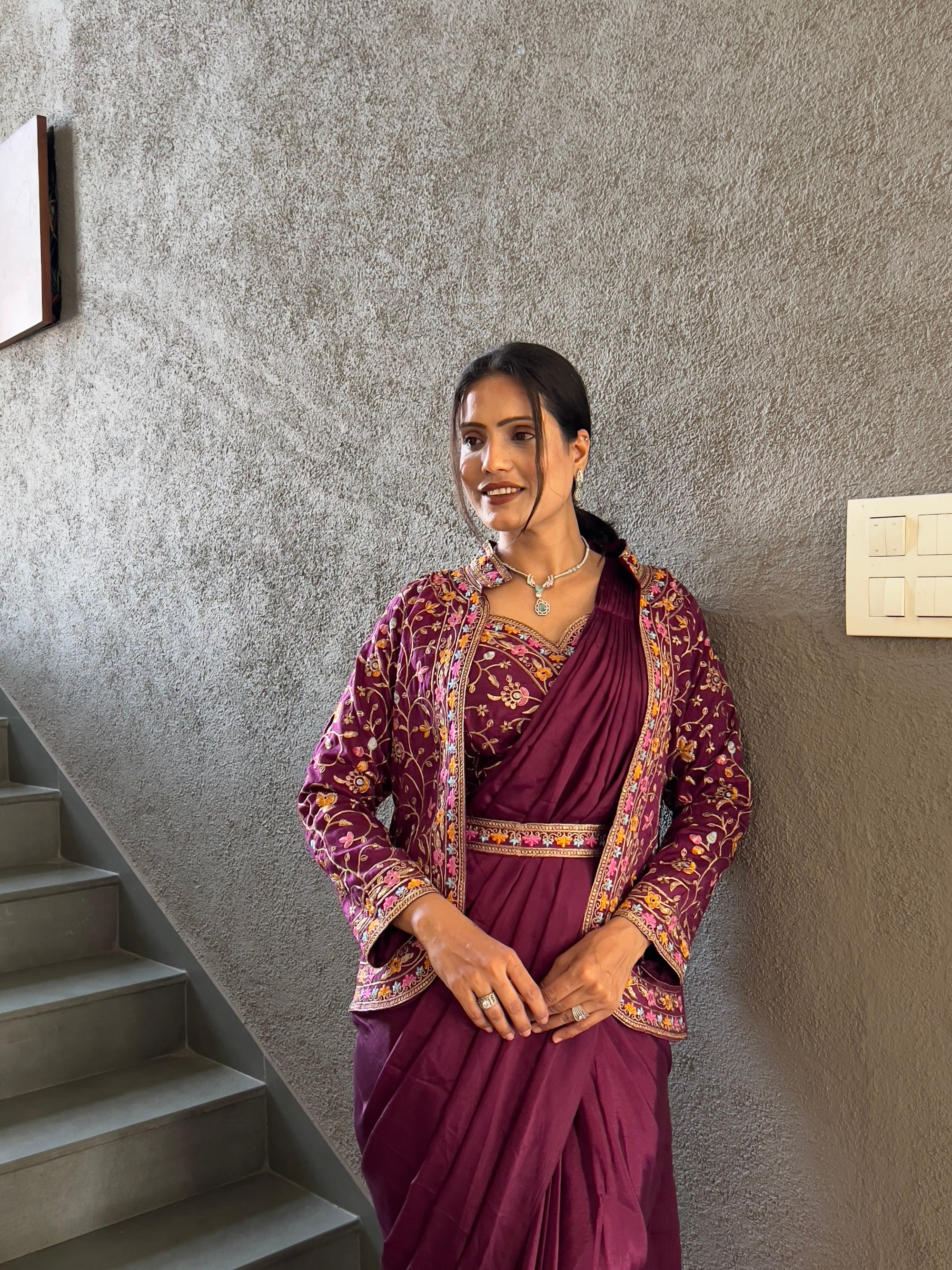 Heavy Chinon Jacket Saree With Blouse and Cording Embroidered Work