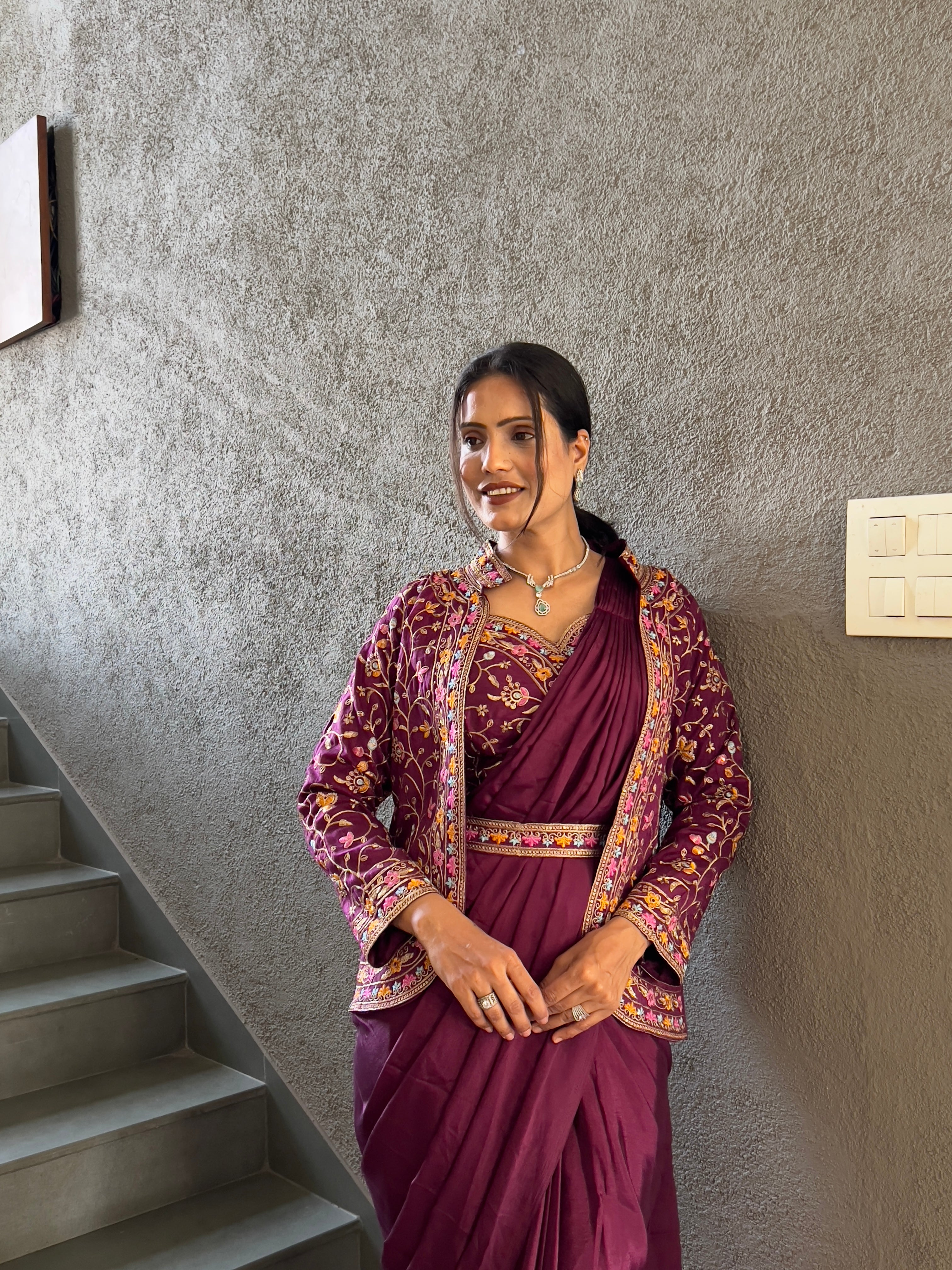 Heavy Chinon Jacket Saree With Blouse and Cording Embroidered Work