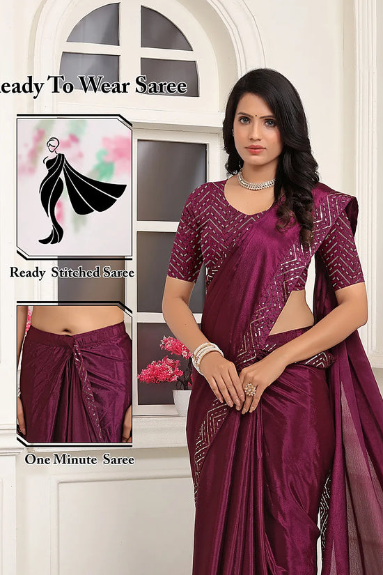 Pionex Ready To Wear Chinon Solid Saree With Embroidered Border