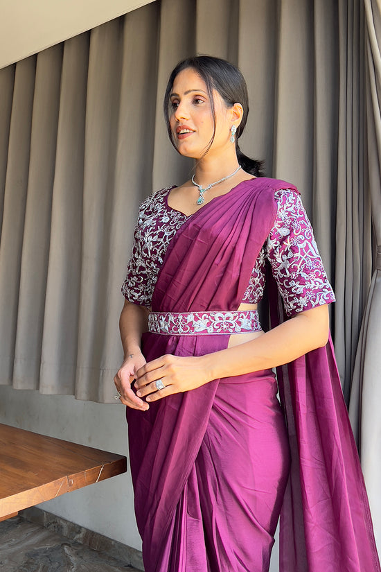Ready To Wear Chinon Embroidery Work Saree With Stitched Blouse