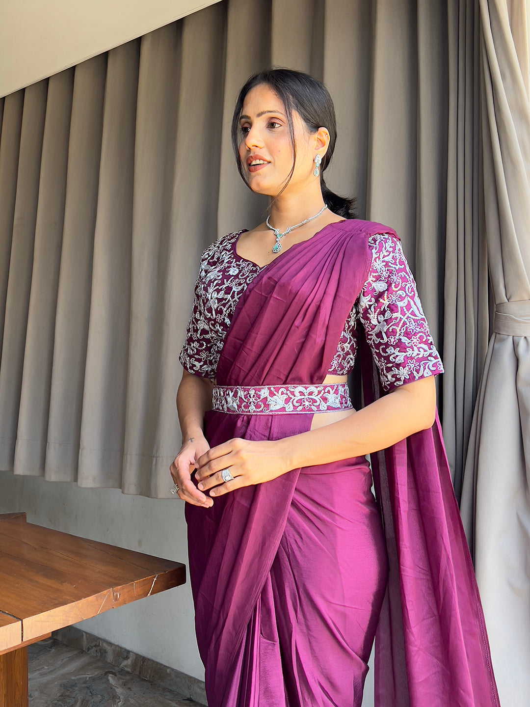 Ready To Wear Chinon Embroidery Work Saree With Stitched Blouse
