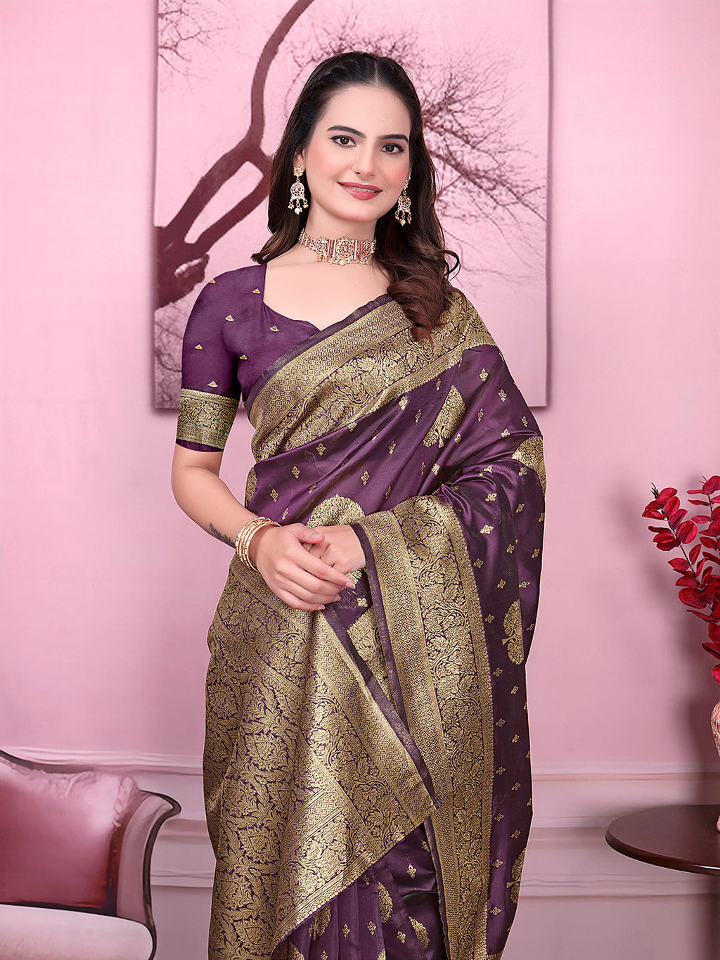 Floral Print Ready to Wear Banarasi Jacquard Party Saree with Unstitched Blouse