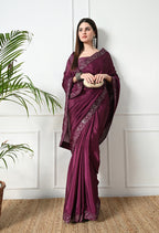 Chinon Solid Saree with Embroidered Lace Border