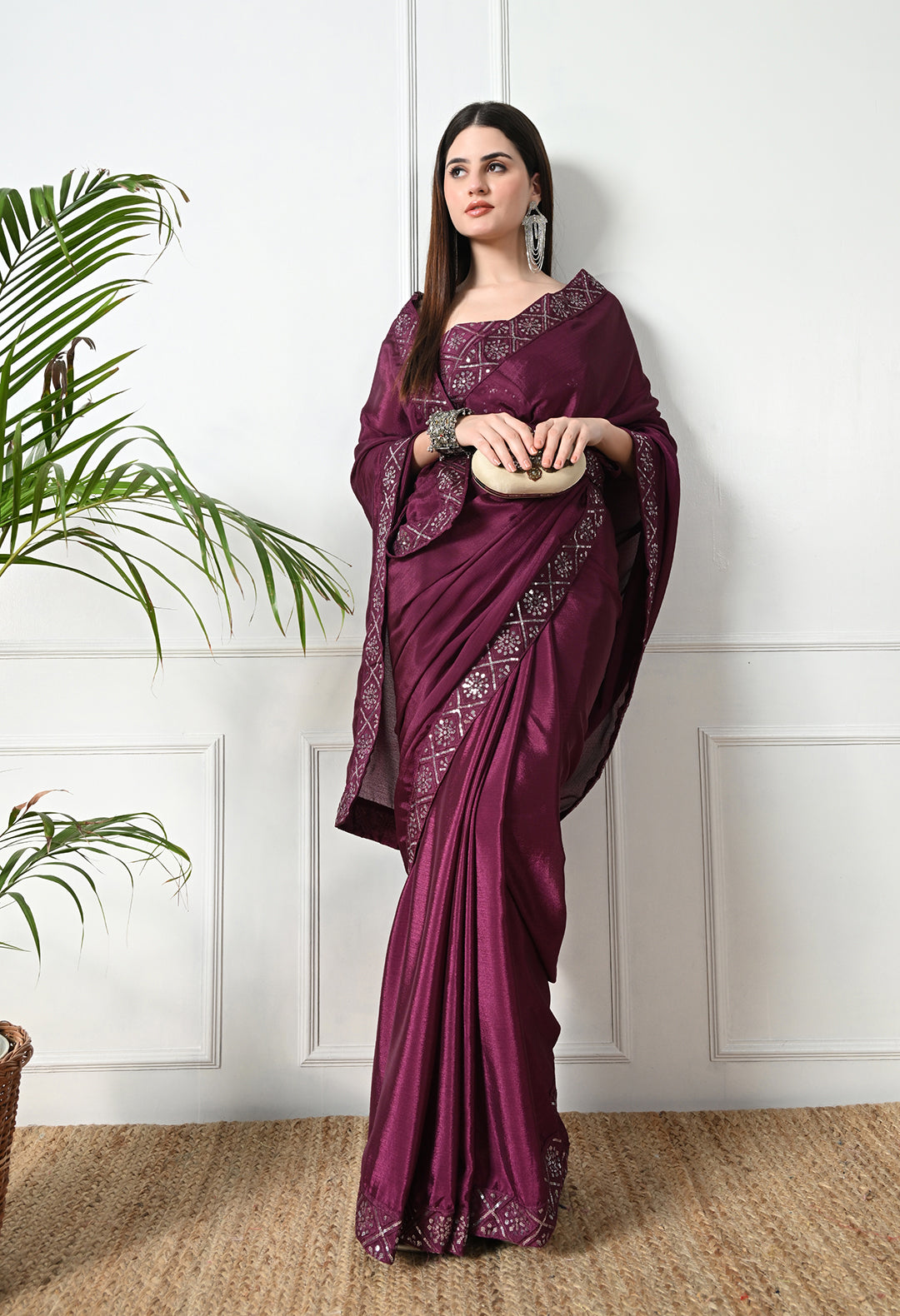 Chinon Solid Saree with Embroidered Lace Border