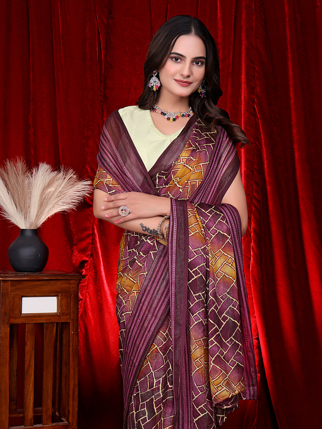 Heavy Chiffon Color Block Printed Ready-to-Wear Saree