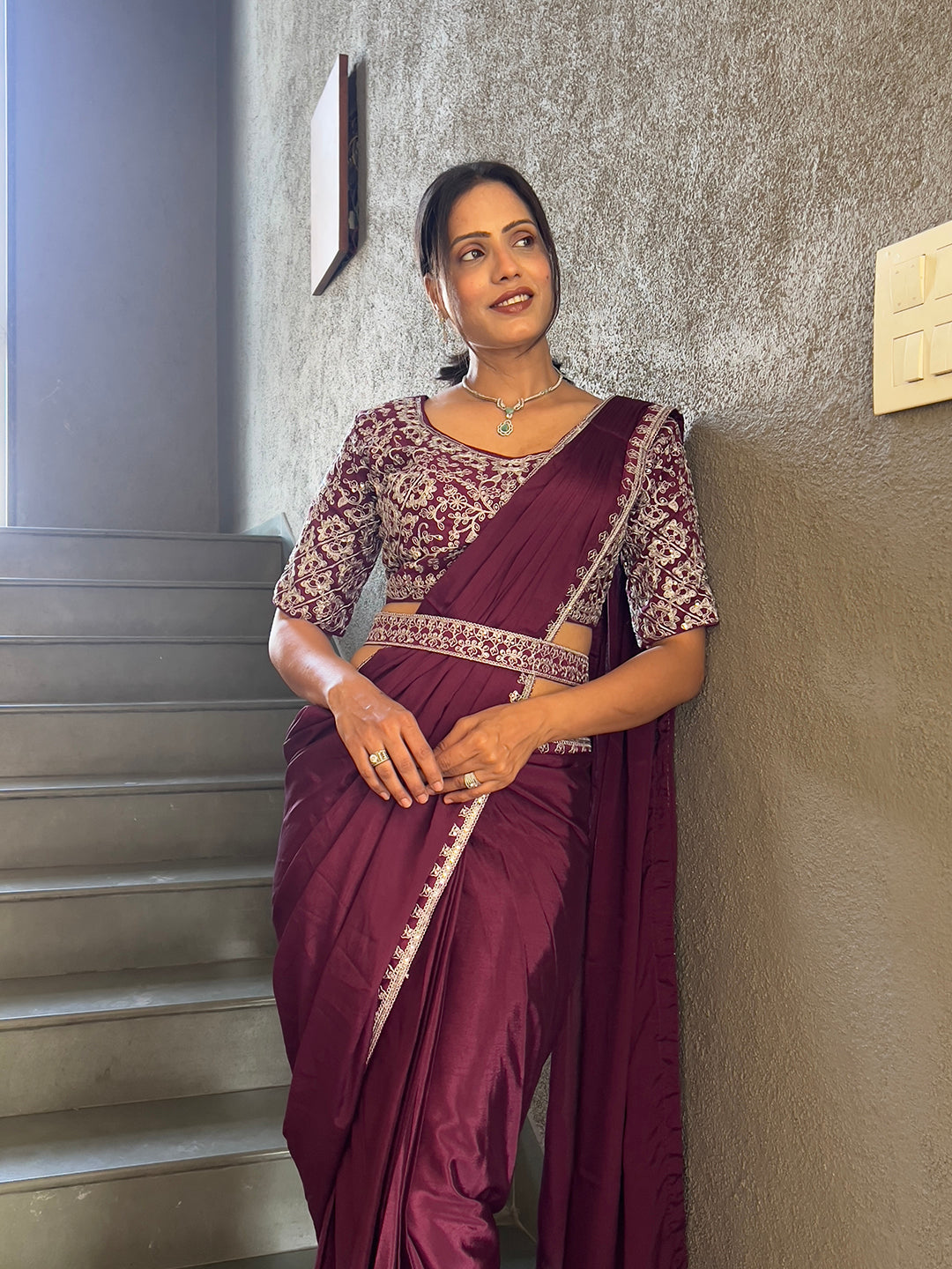Ready To Wear Chinon Embroidery Work Saree With Stitched Blouse