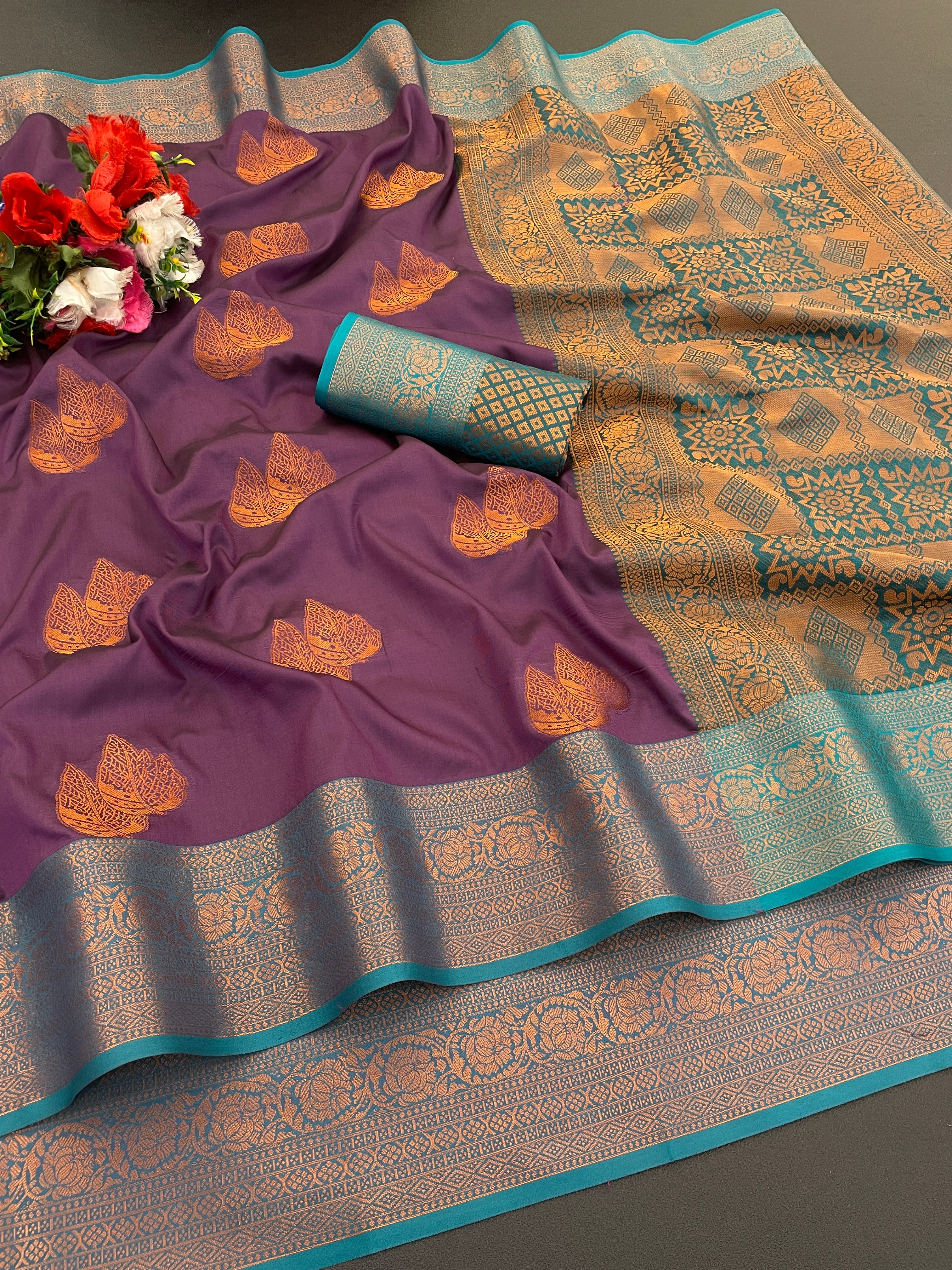 Woven Kanjivaram Soft Silk Copper Rich Pallu Saree