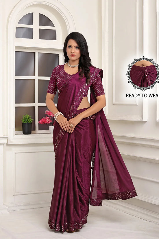 Pionex Ready To Wear Chinon Solid Saree With Embroidered Border