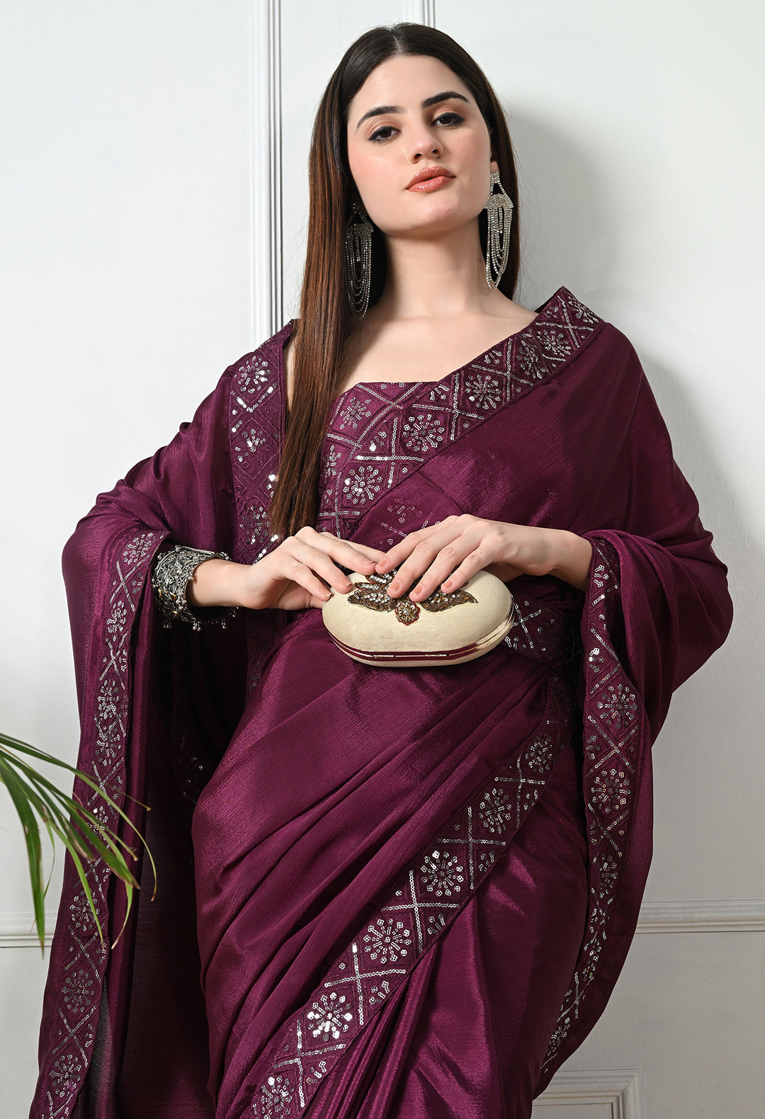 Chinon Solid Saree with Embroidered Lace Border