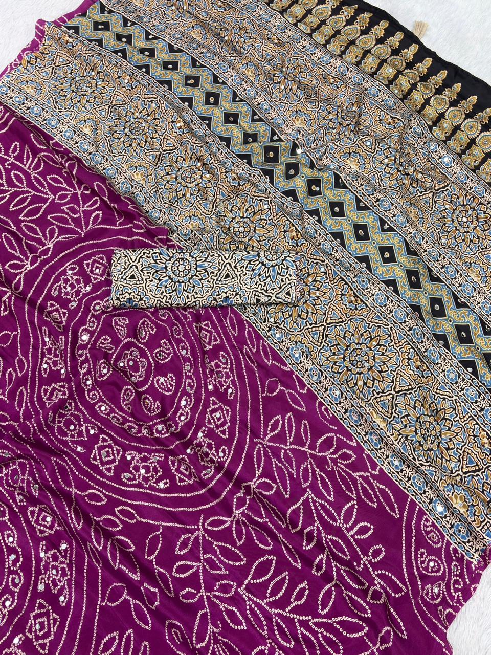Soft Satin Ajrakh Printed Mirror Work Saree with Lace Border