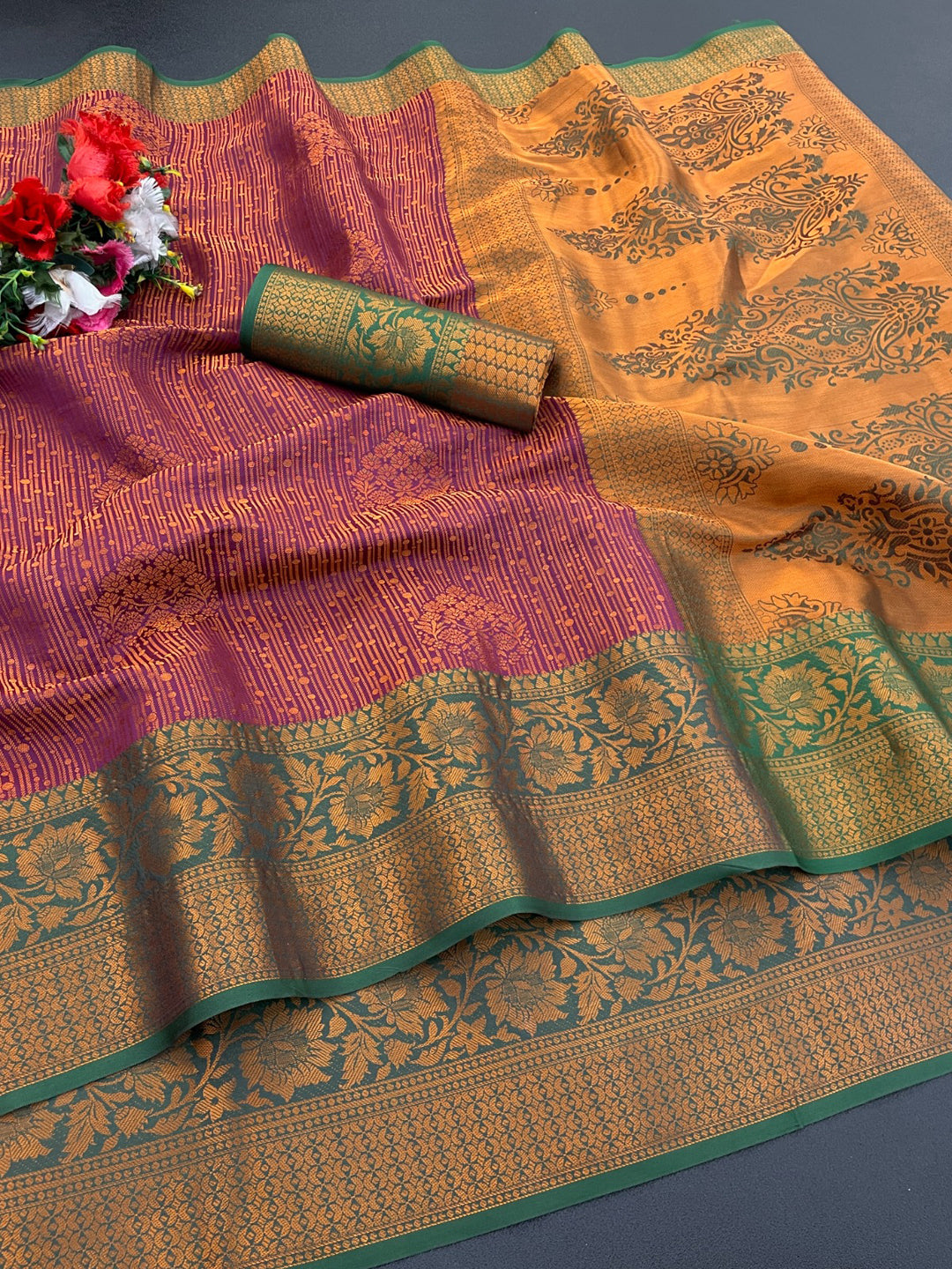 Woven Kanjivaram Soft Silk Copper Rich Pallu Saree