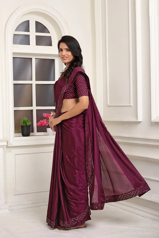 Pionex Ready To Wear Chinon Solid Saree With Embroidered Border