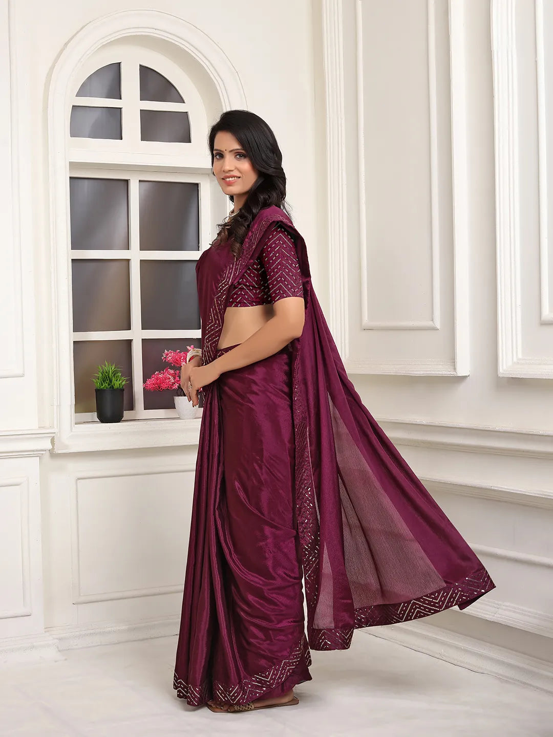 Pionex Ready To Wear Chinon Solid Saree With Embroidered Border