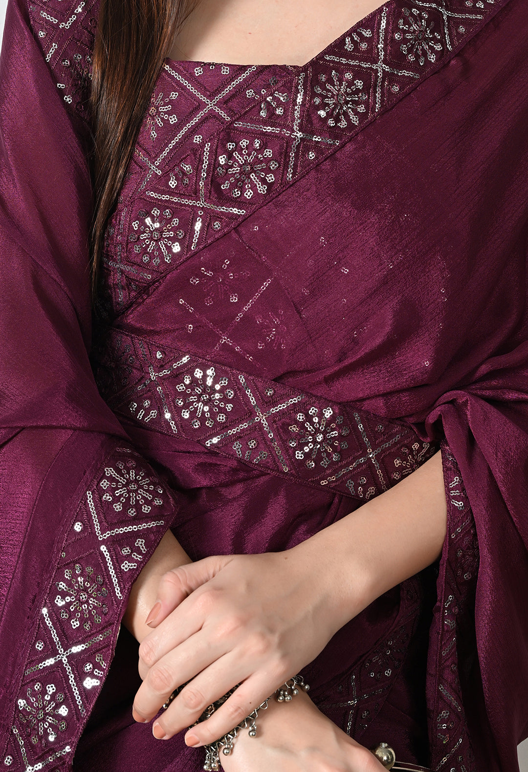 Chinon Solid Saree with Embroidered Lace Border