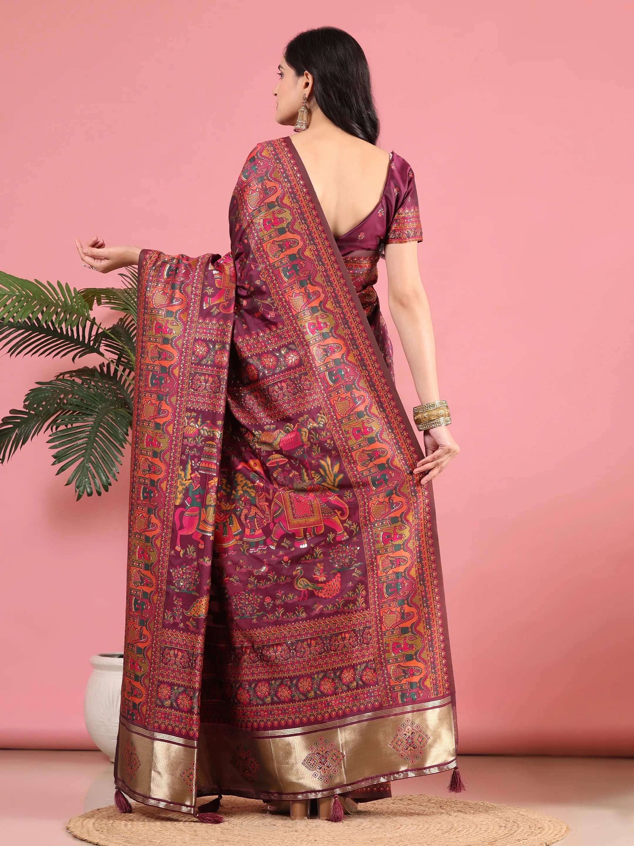 Floral Printed Woven Zari Pashmina Saree