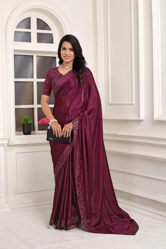 Pionex Ready To Wear Chinon Solid Saree With Embroidered Border