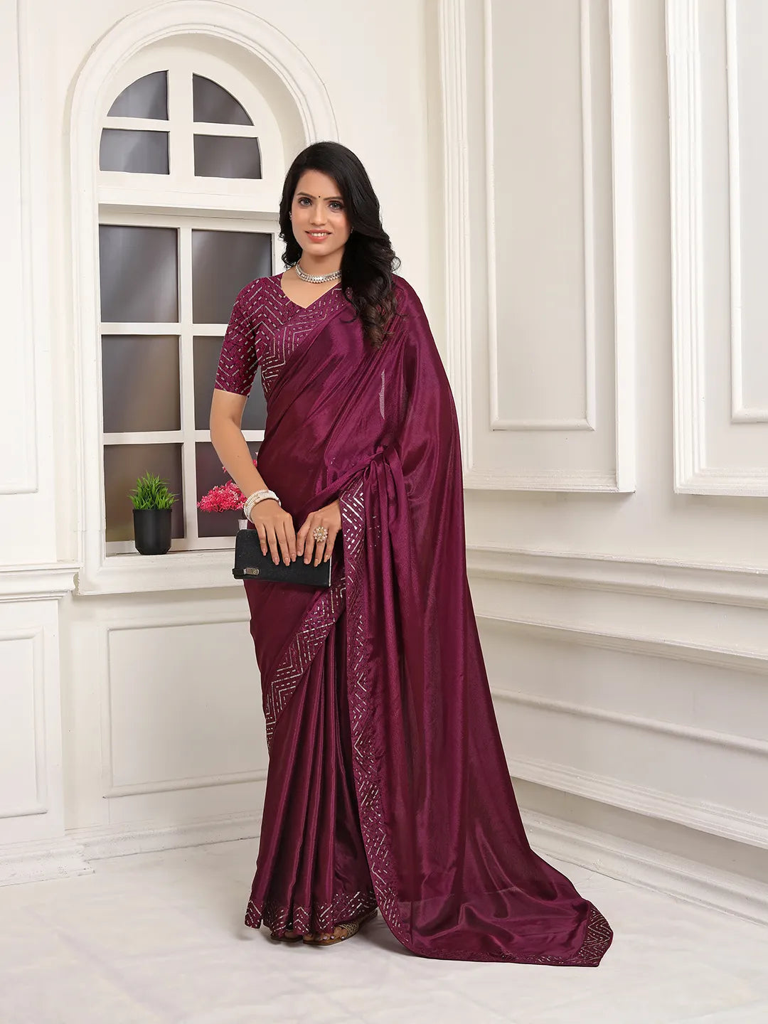 Pionex Ready To Wear Chinon Solid Saree With Embroidered Border