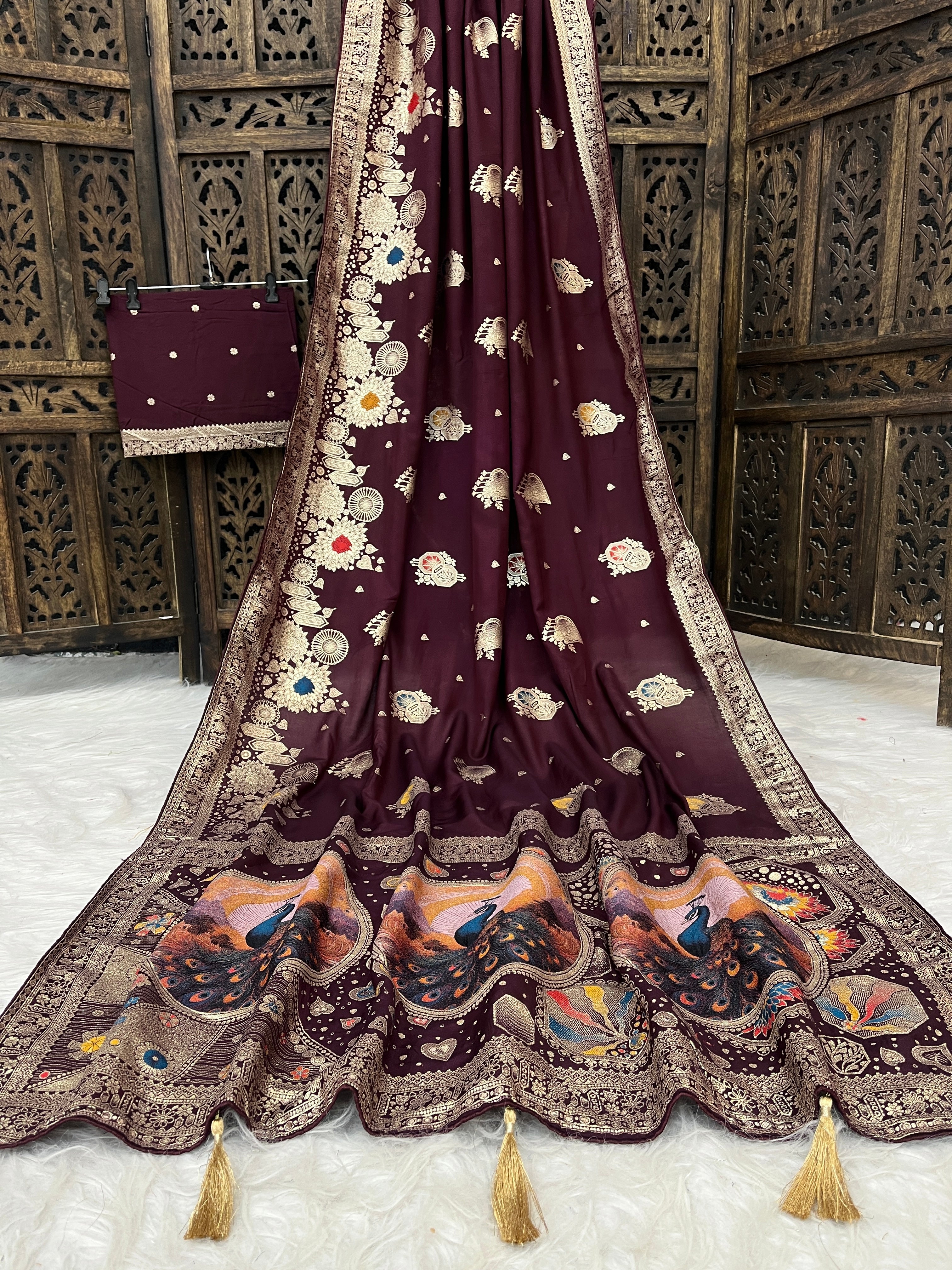 Traditional Dola Silk Saree with Peacock Printed Designer Pallu and Woven Border