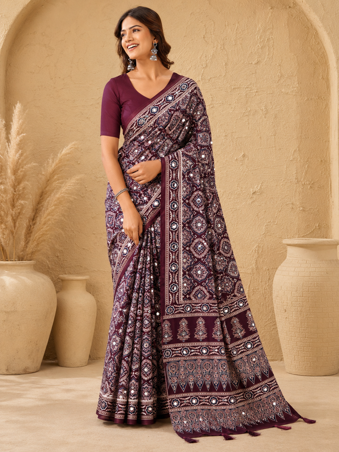 Silk Crepe Printed Saree with Attached Real Mirror Work & Matching Blouse Piece - Pionex Fab
