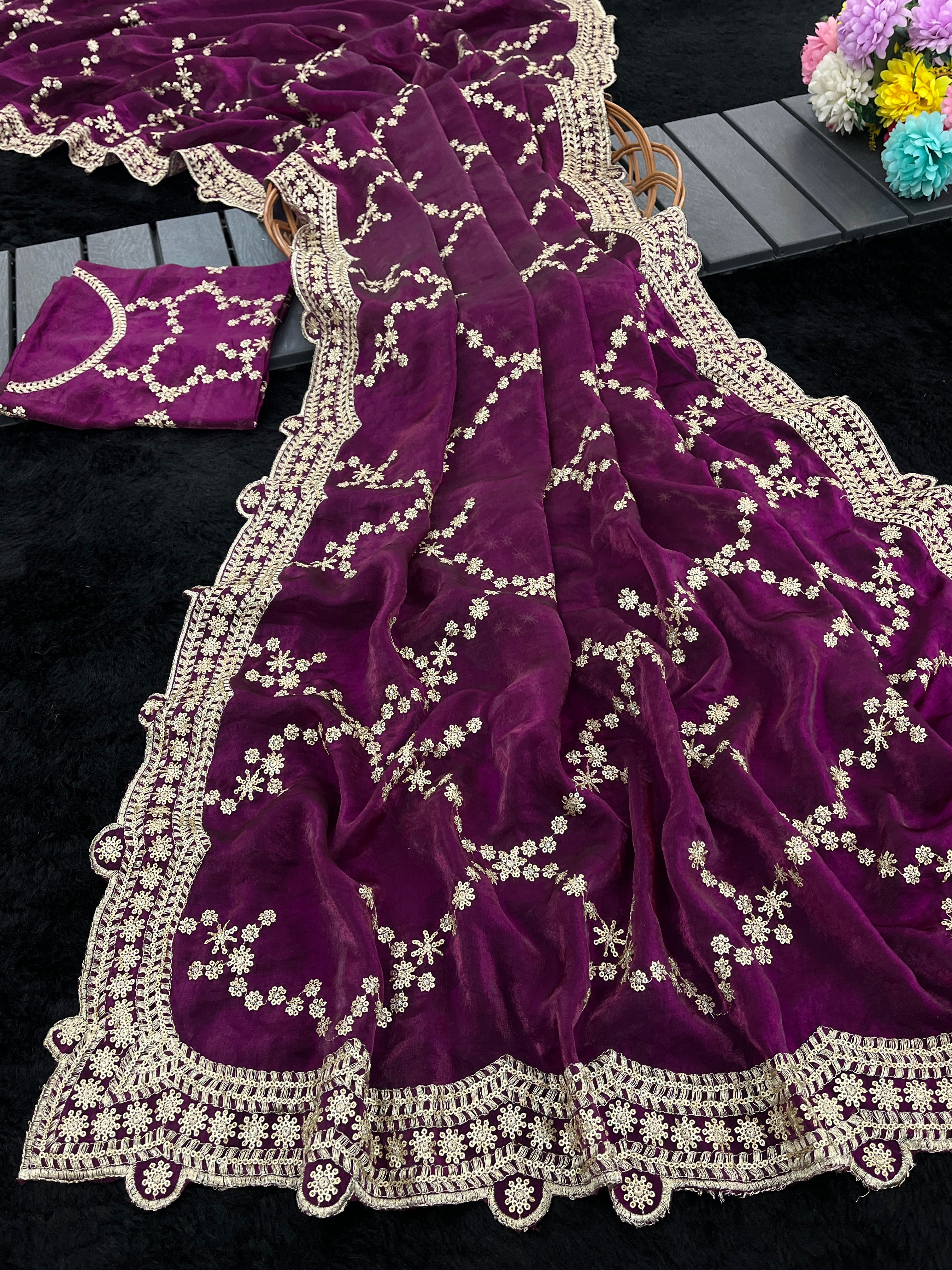 Premium Satin Silk & Chiffon Saree with All-Over Sequence Embroidery