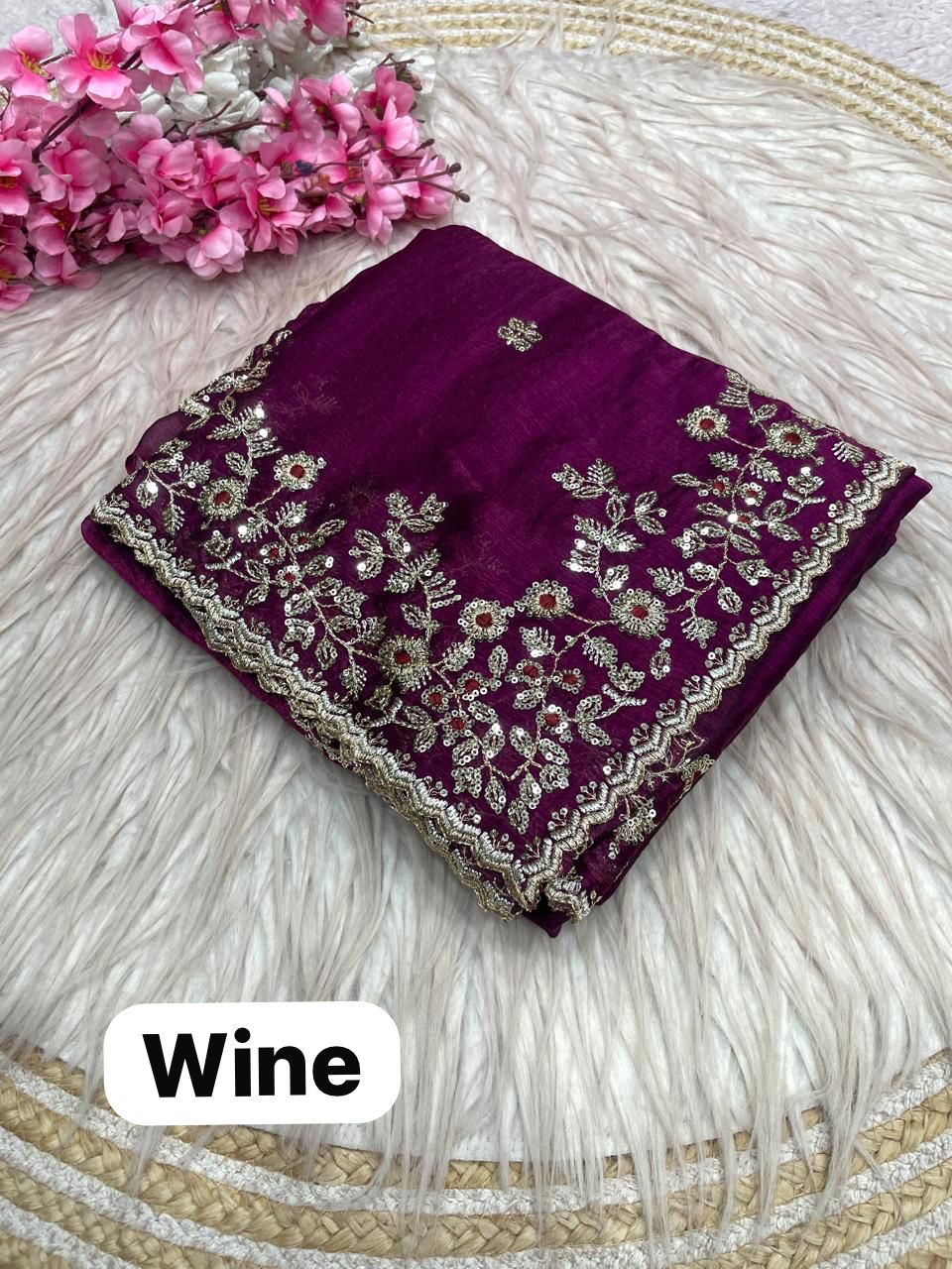 Soft Chiffon Saree With Embroidery Sequence Butti Work