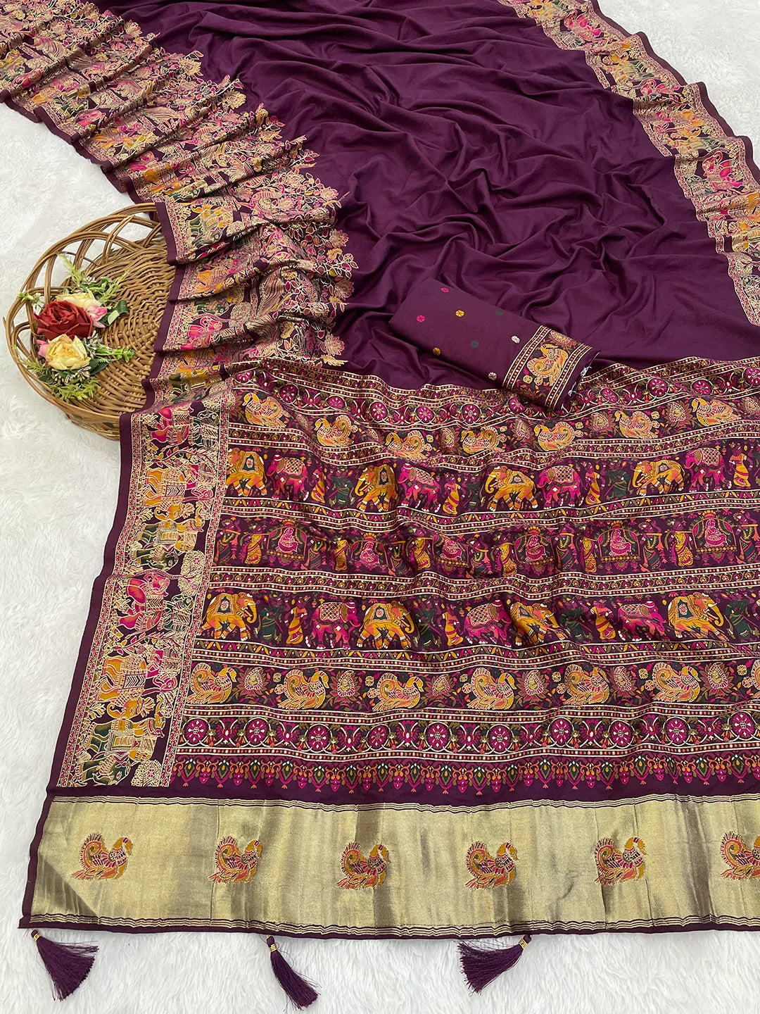 Floral Printed Woven Zari Pashmina Saree