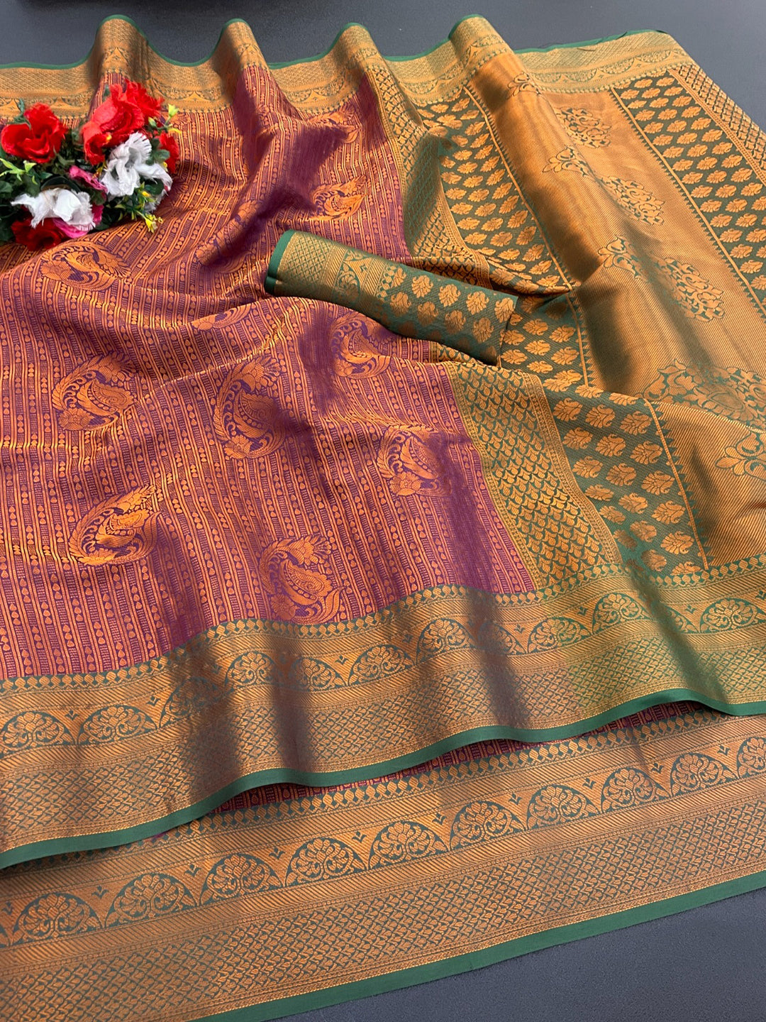Woven Kanjivaram Soft Silk Copper Rich Pallu Saree