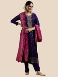 Purple Art Silk Banarasi Kurta Set with Embroidered Neck & Pink Dupatta - Pionex Fab