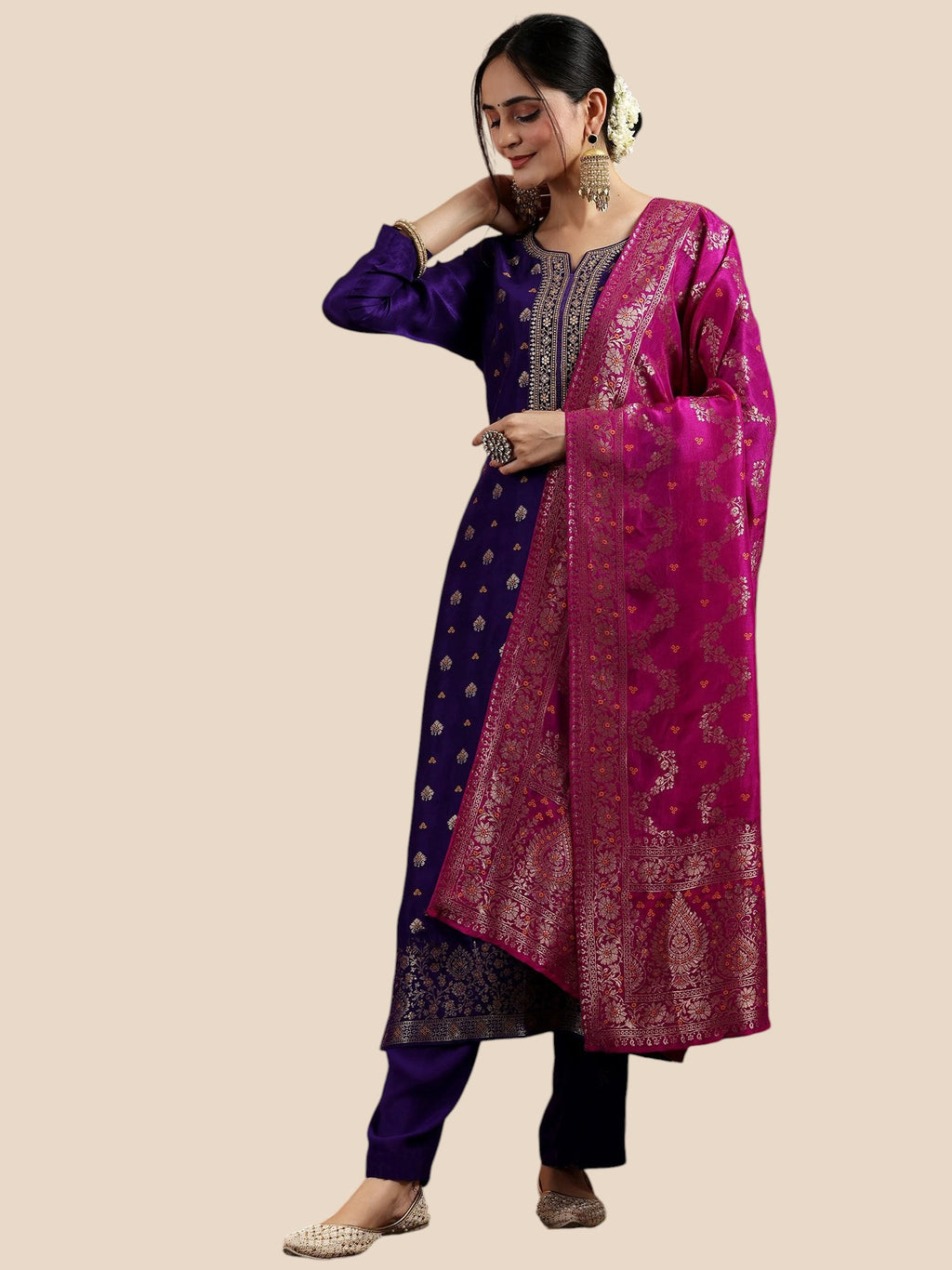 Purple Art Silk Banarasi Kurta Set with Embroidered Neck & Pink Dupatta
