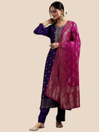 Purple Art Silk Banarasi Kurta Set with Embroidered Neck & Pink Dupatta