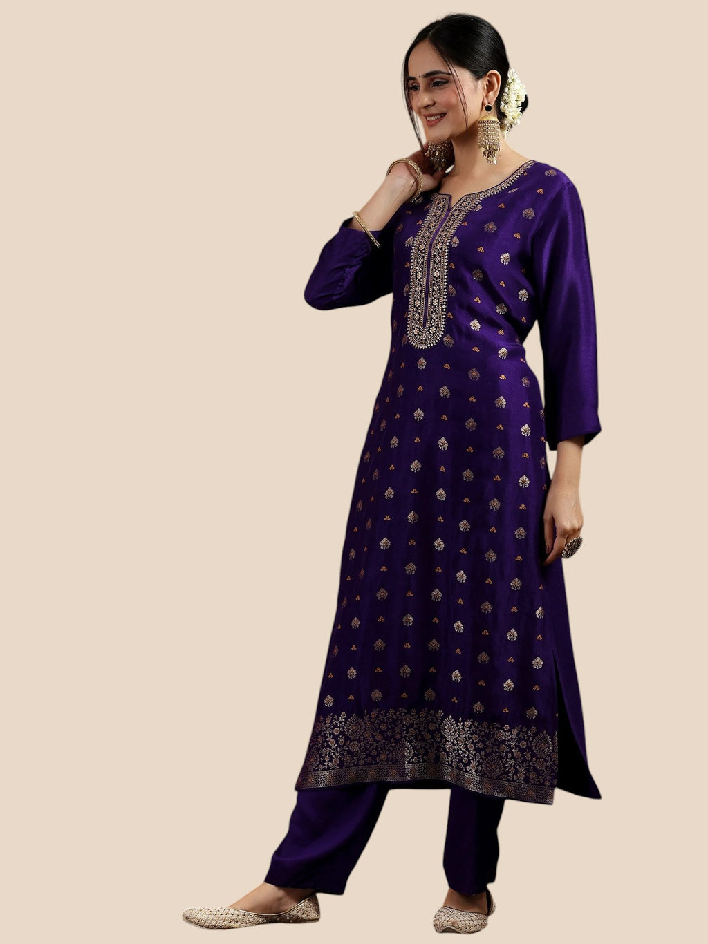 Purple Art Silk Banarasi Kurta Set with Embroidered Neck & Pink Dupatta