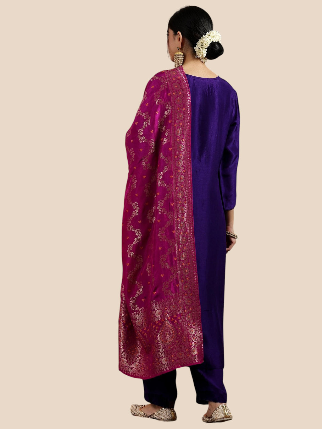 Purple Art Silk Banarasi Kurta Set with Embroidered Neck & Pink Dupatta