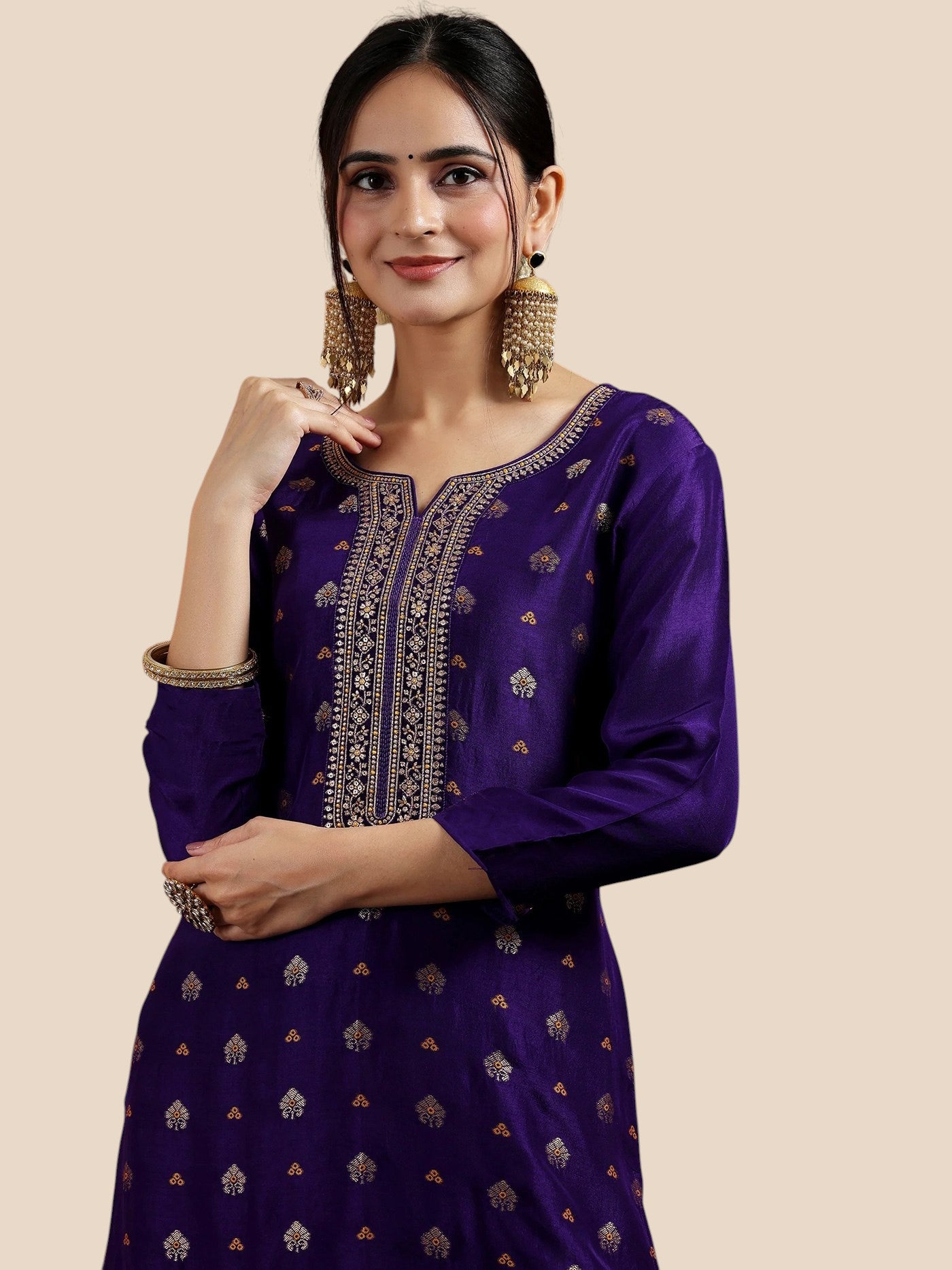 Purple Art Silk Banarasi Kurta Set with Embroidered Neck & Pink Dupatta