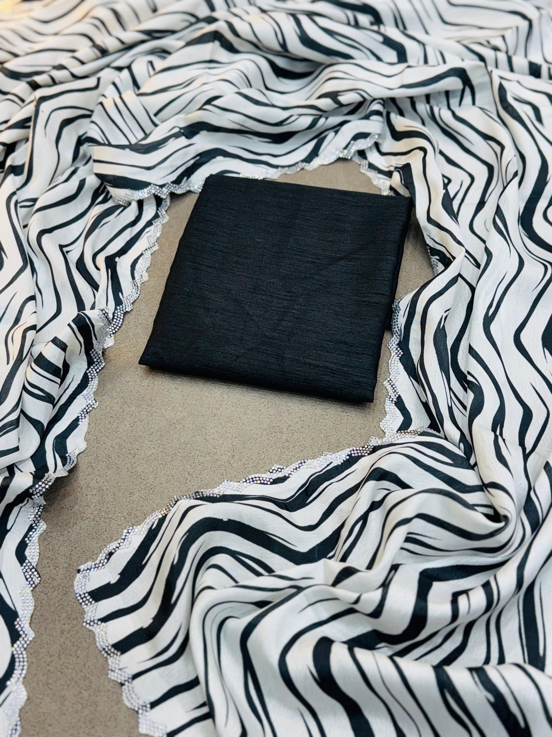 Chinon Silk Printed Saree with  Siroski Stone Border