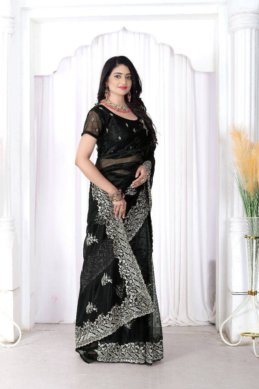 Twill Net Embroidered Saree with Cut Work Border & Embroidered Blouse Piece