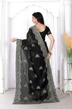 Twill Net Embroidered Saree with Cut Work Border & Embroidered Blouse Piece
