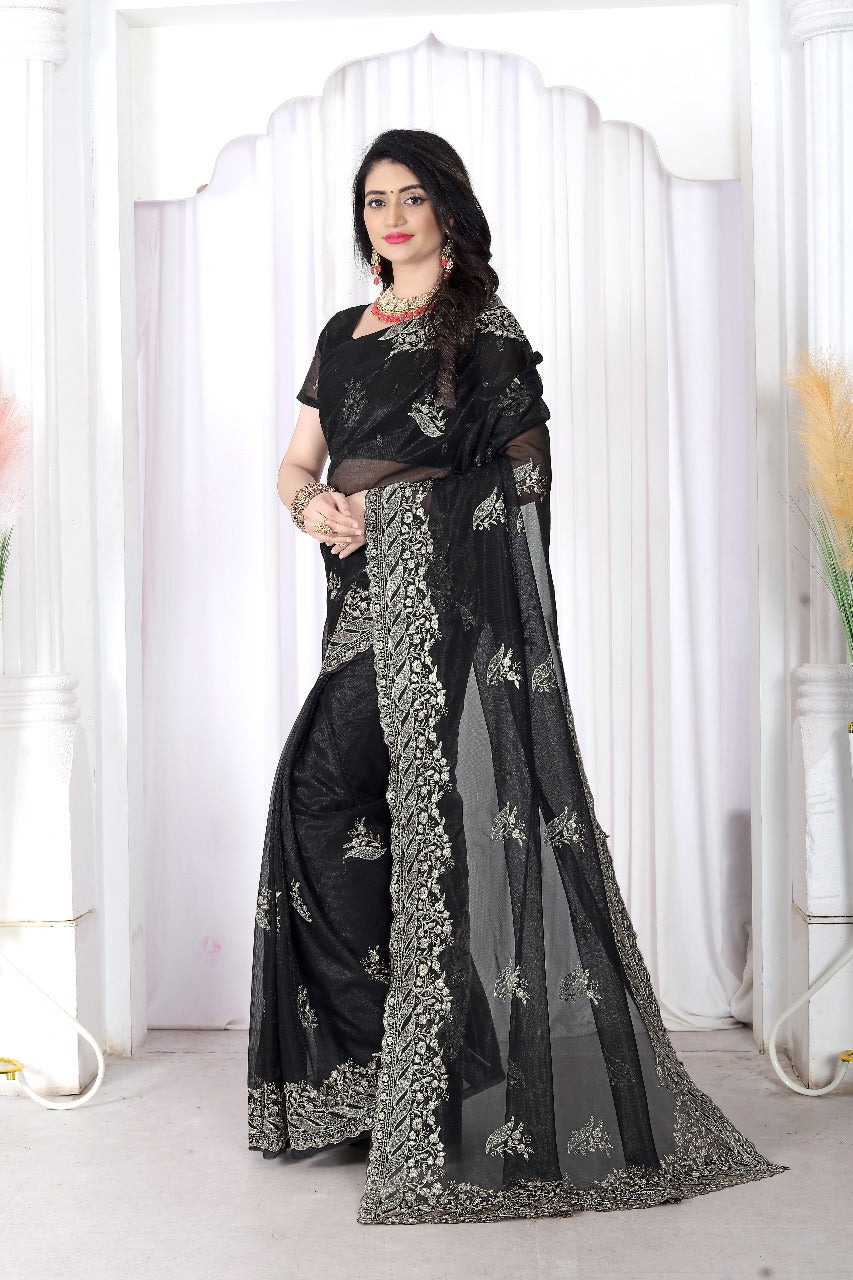 Twill Net Embroidered Saree with Cut Work Border & Embroidered Blouse Piece
