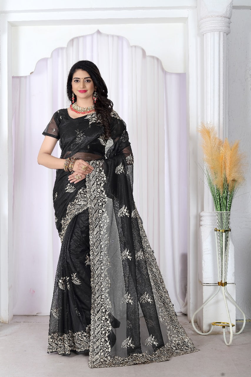 Twill Net Embroidered Saree with Cut Work Border & Embroidered Blouse Piece