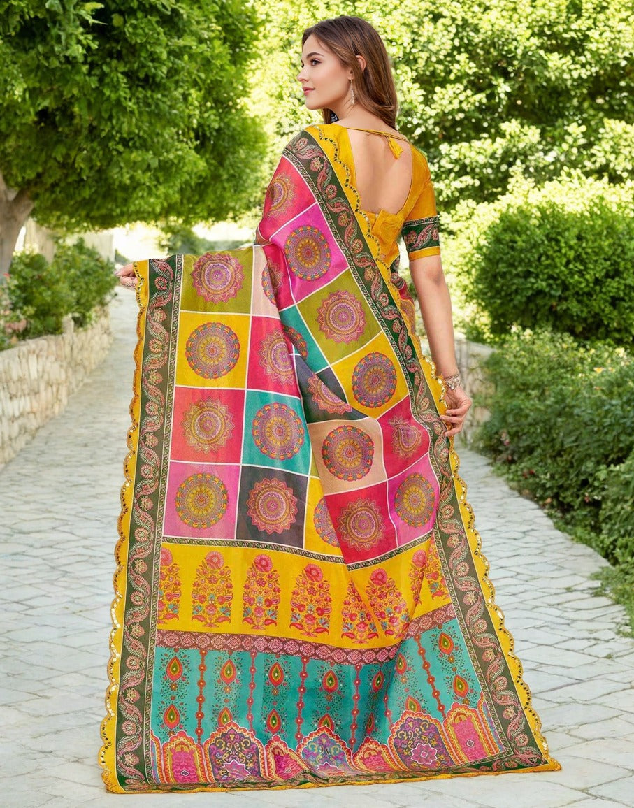 Vibrant Digital Print Chanderi Silk Saree with Mirror Work Lace Border