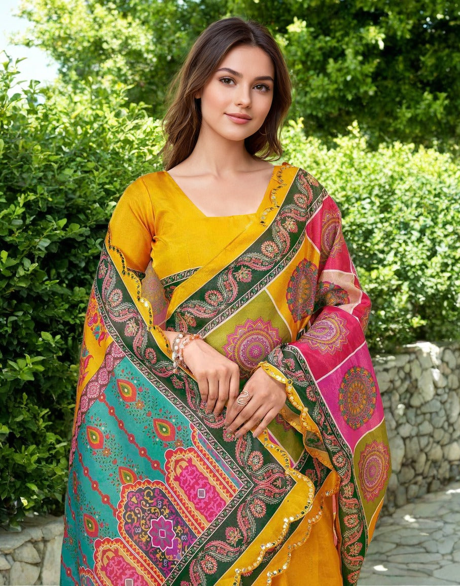 Vibrant Digital Print Chanderi Silk Saree with Mirror Work Lace Border