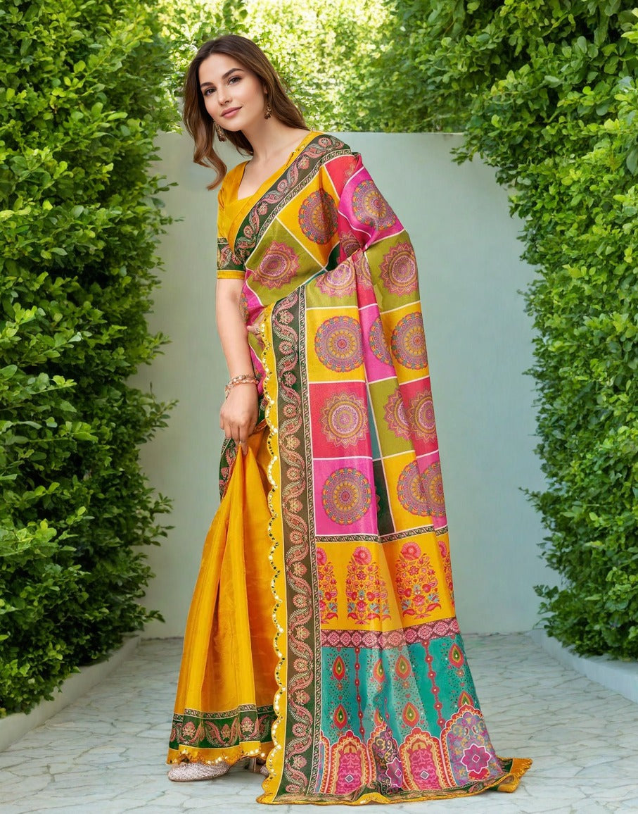 Vibrant Digital Print Chanderi Silk Saree with Mirror Work Lace Border