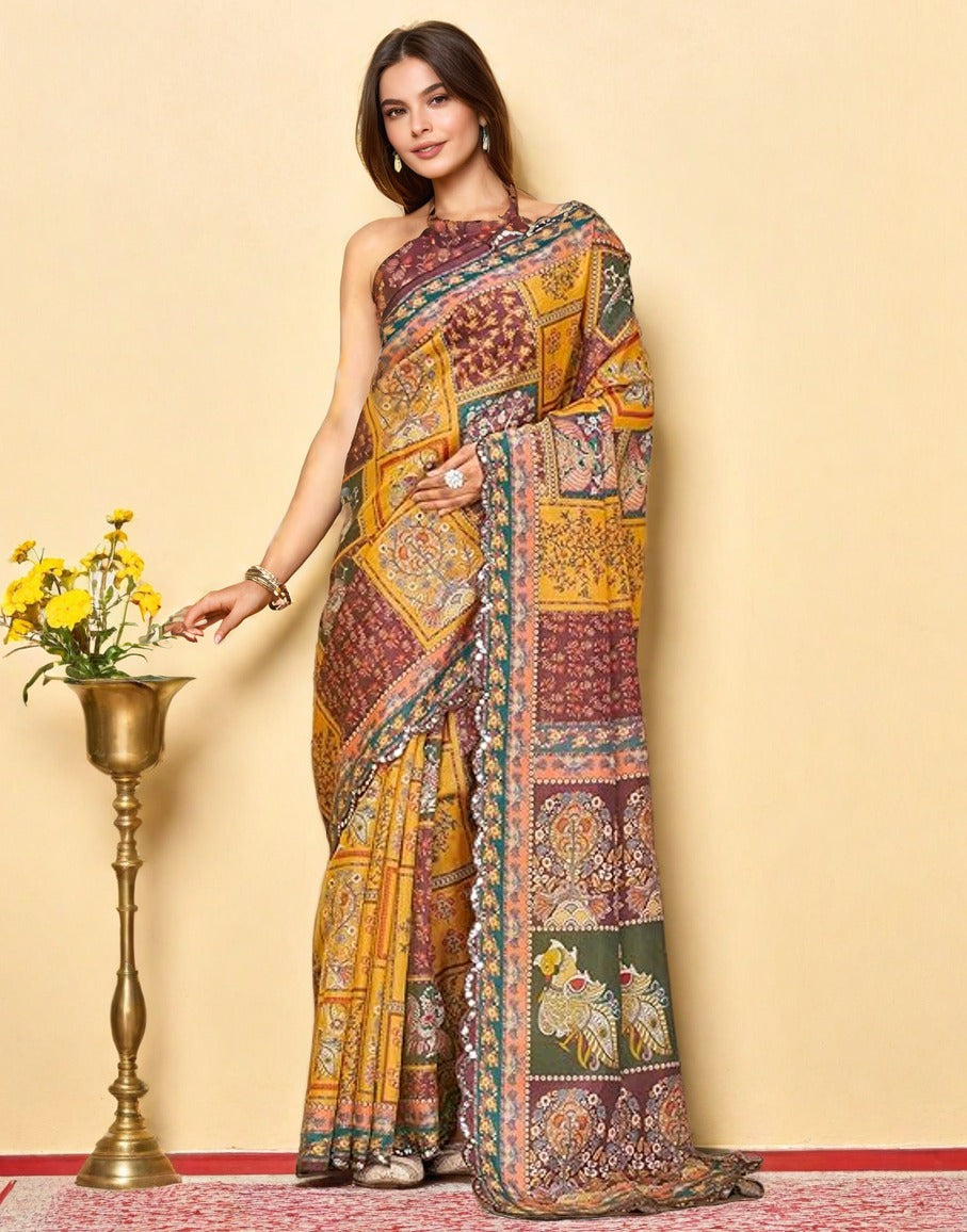 Vibrant Digital Print Chanderi Silk Saree with Mirror Work Lace Border